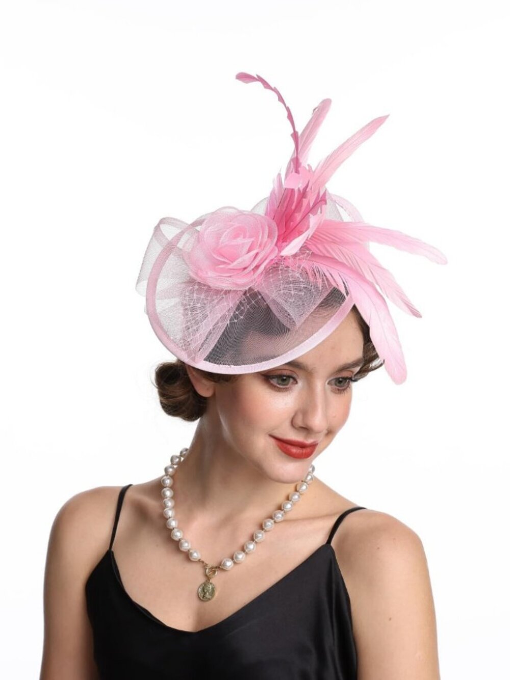 Women Fascinator Hair Clip Feather Flower Wedding Party Hat Pink